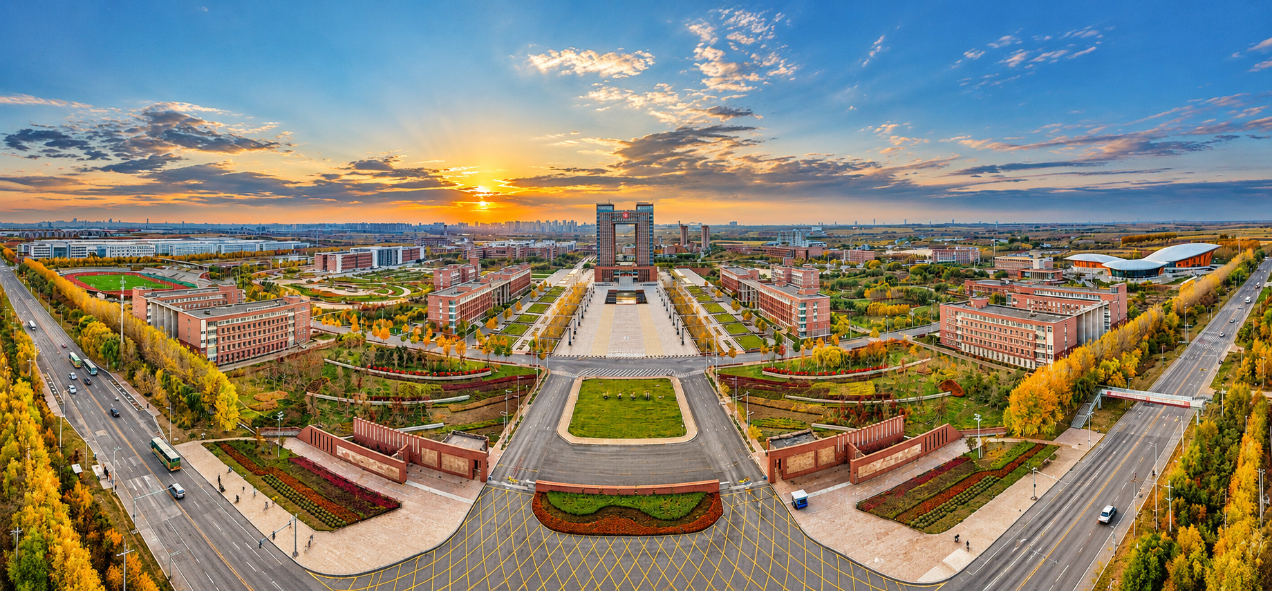 China Medical University — Shenbei campus aerial at sunset