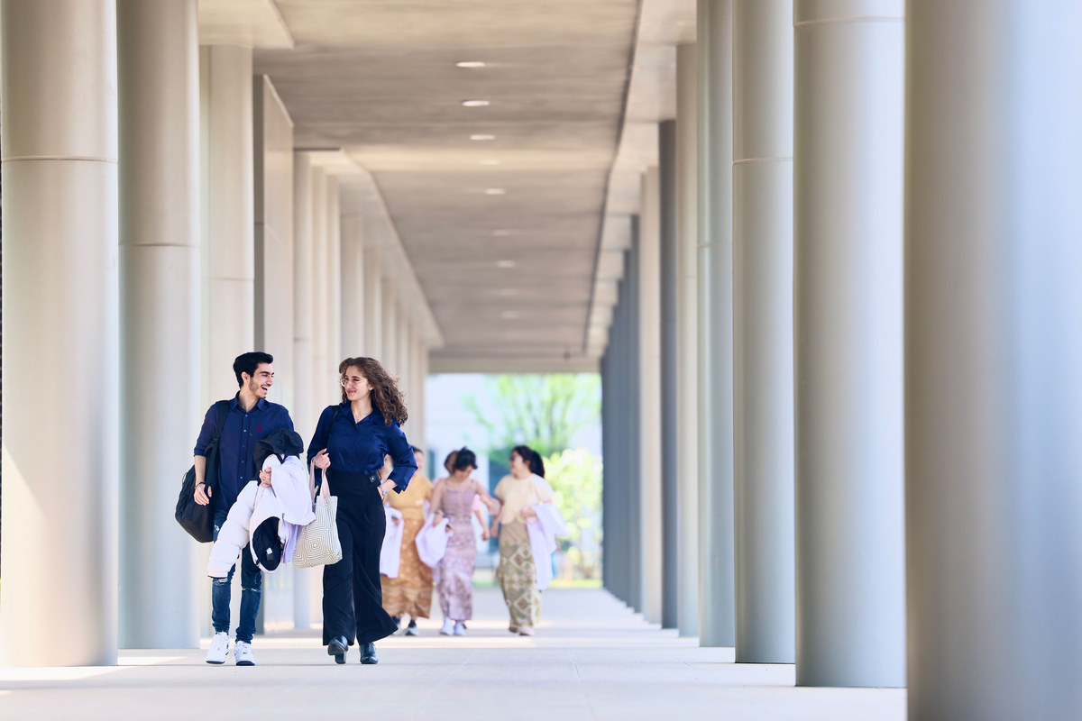 Zhejiang University — Yiwu medical campus — international medical students under the colonnade